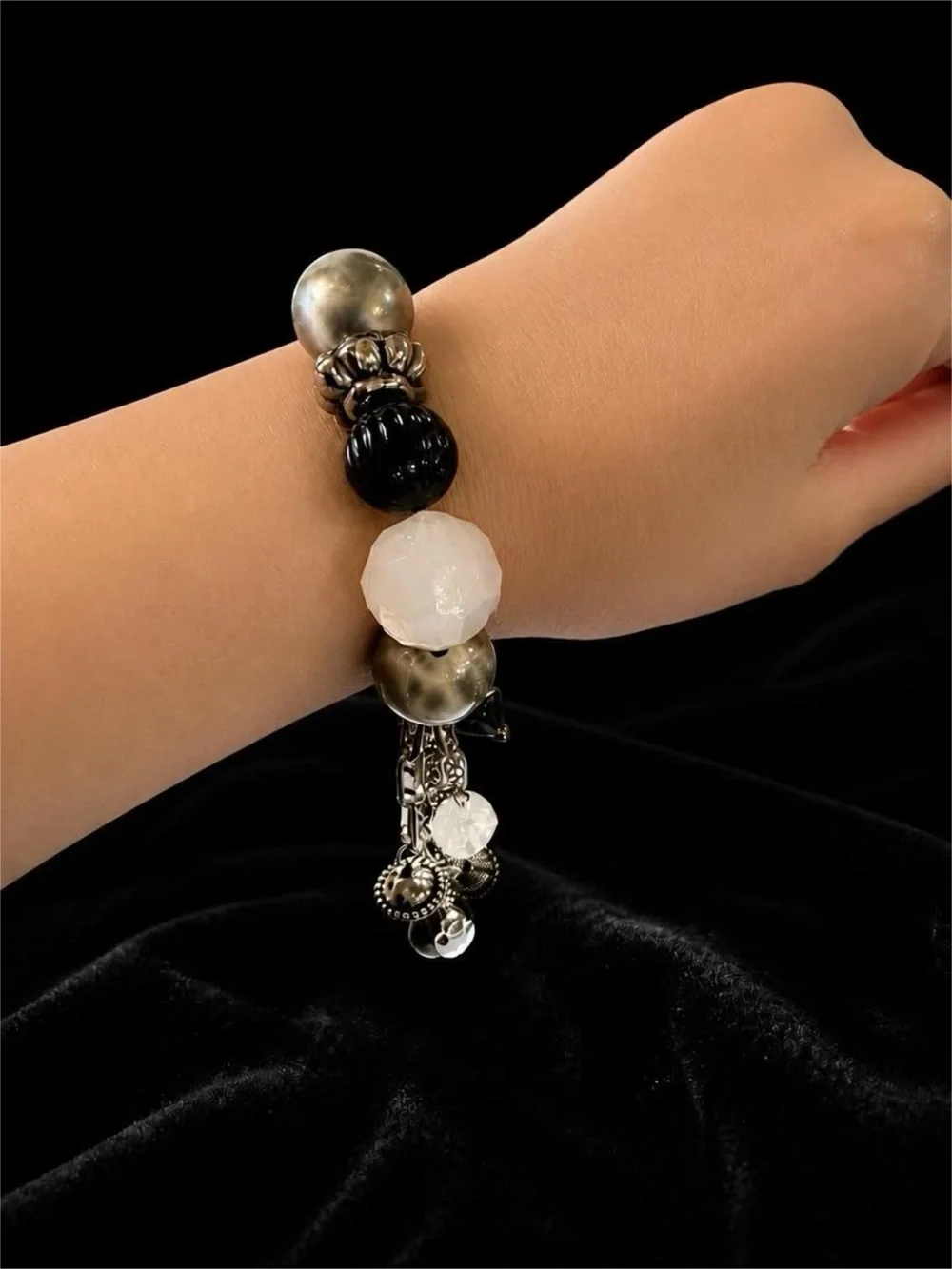 Acrylic Beaded Stretch Bracelet with Dangles in Black White and Gray